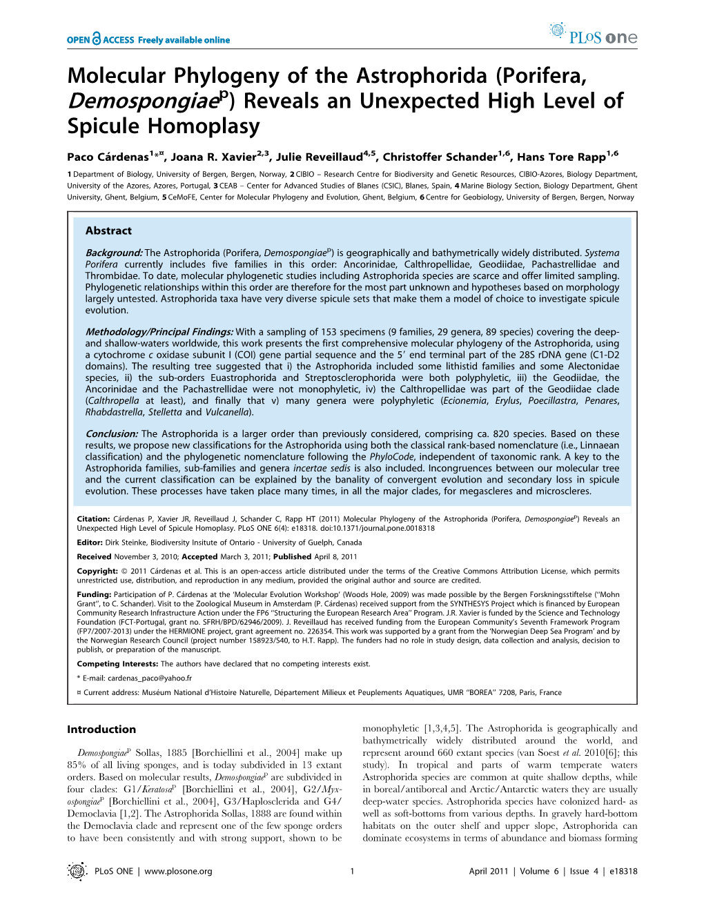 Demospongiaep) Reveals an Unexpected High Level of Spicule Homoplasy