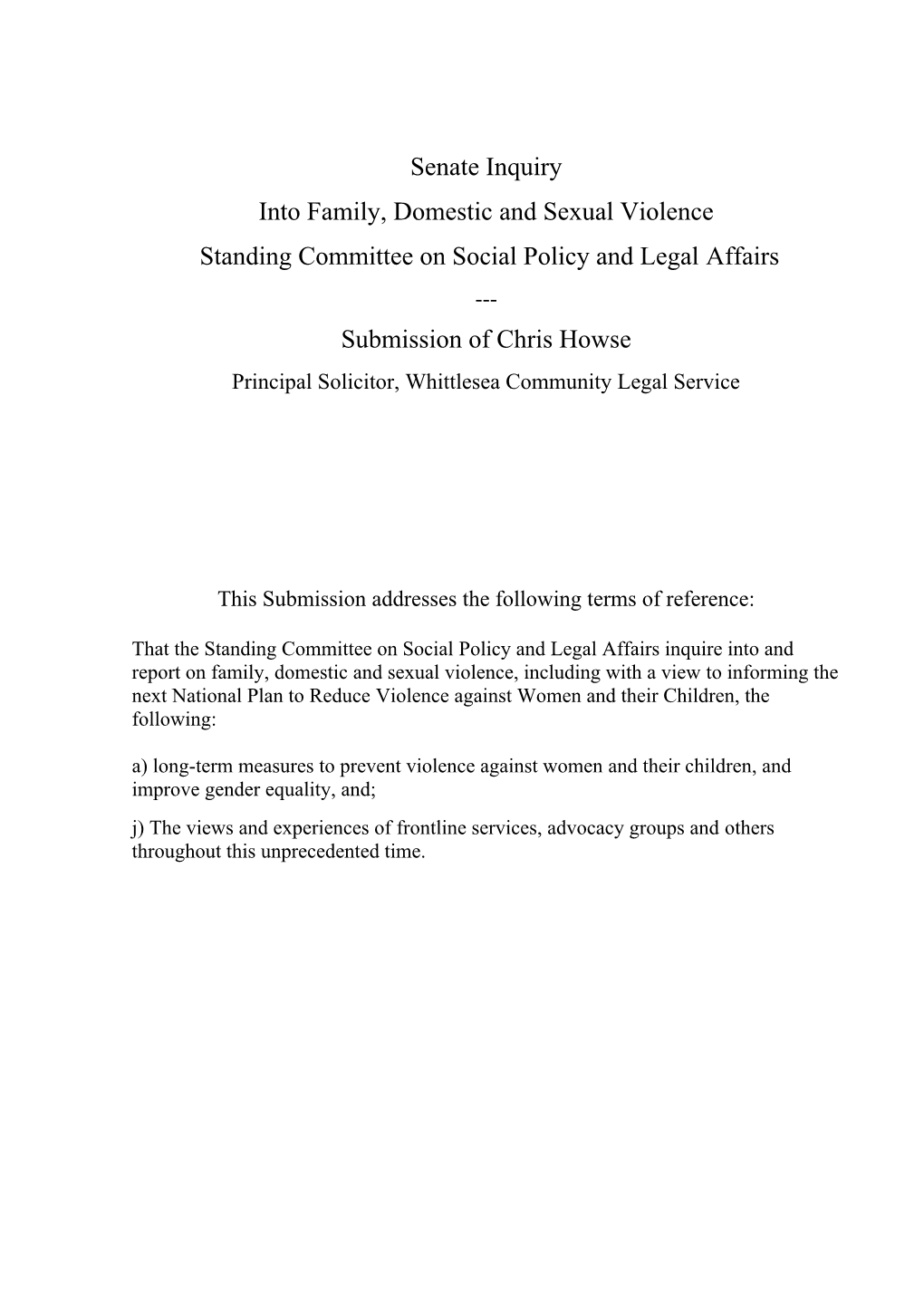 Senate Inquiry Into Family, Domestic and Sexual Violence Standing