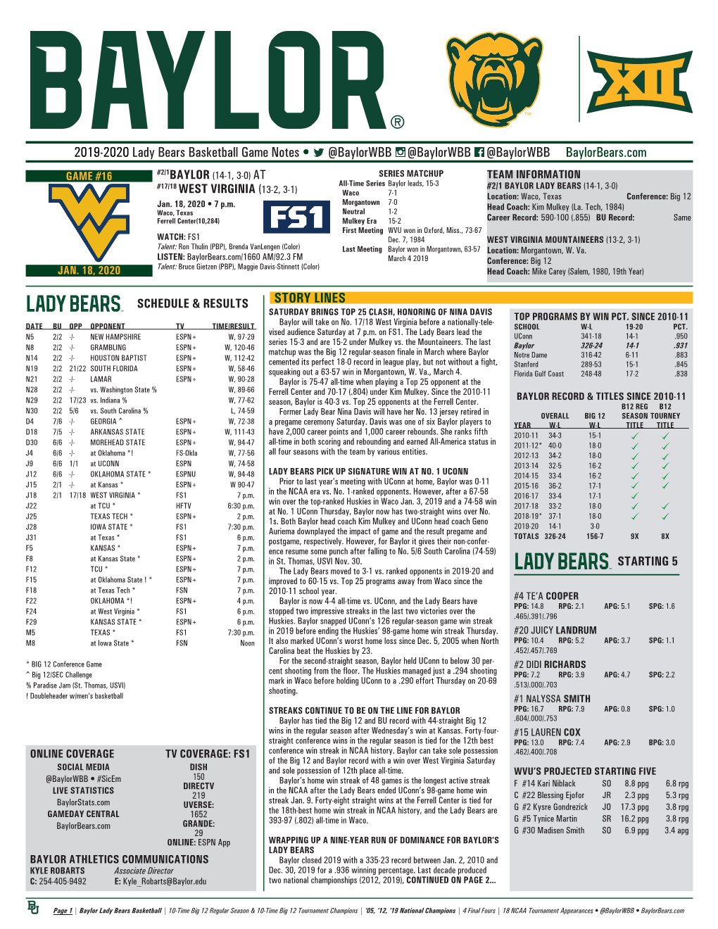 2019-2020 Lady Bears Basketball Game Notes • @Baylorwbb