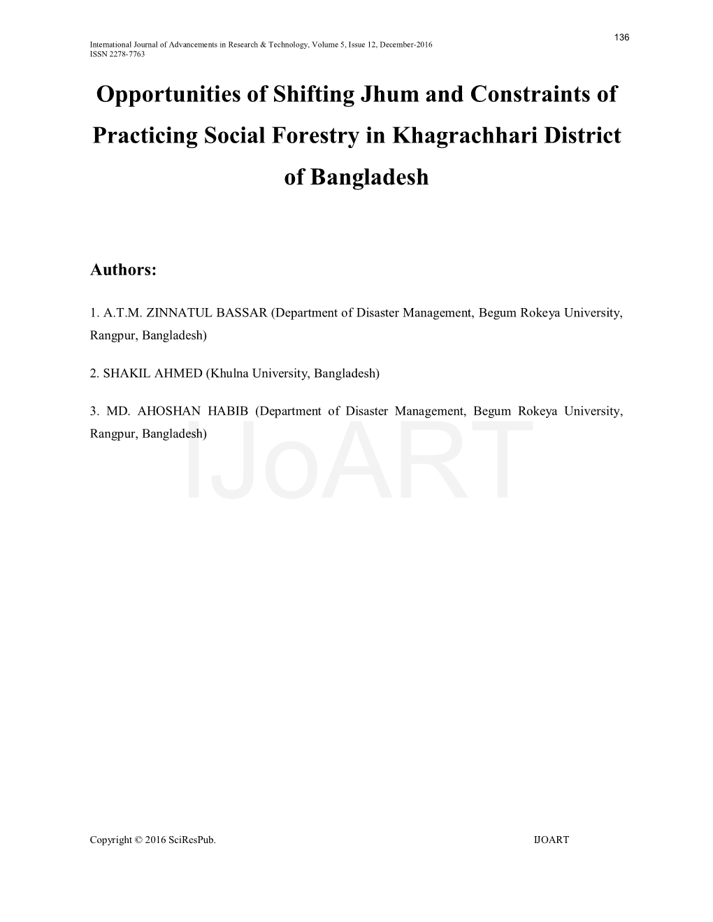 Opportunities of Shifting Jhum and Constraints of Practicing Social Forestry in Khagrachhari District of Bangladesh