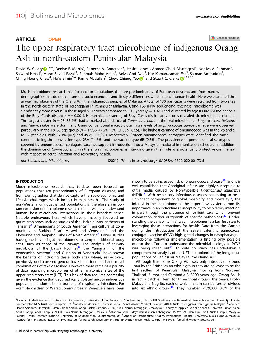 The Upper Respiratory Tract Microbiome of Indigenous Orang Asli in North-Eastern Peninsular Malaysia ✉ David W