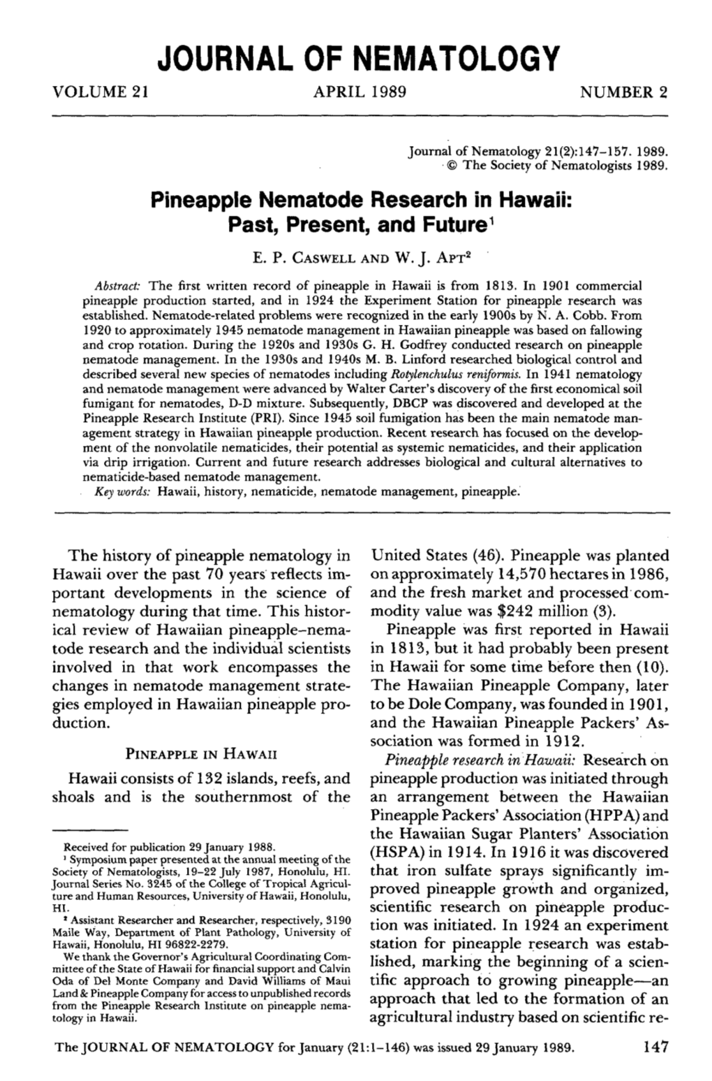 Pineapple Nematode Research in Hawaii: Past, Present, and Future 1 E