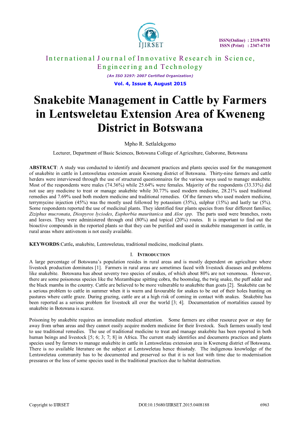 Snakebite Management in Cattle by Farmers in Lentsweletau Extension Area of Kweneng District in Botswana