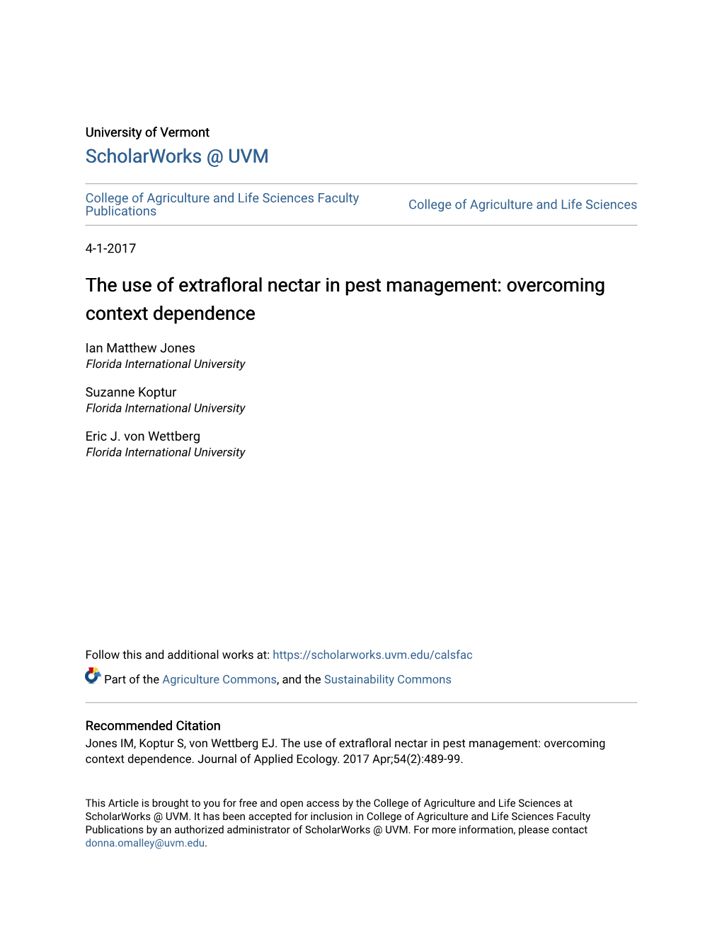 The Use of Extrafloral Nectar in Pest Management: Overcoming Context Dependence