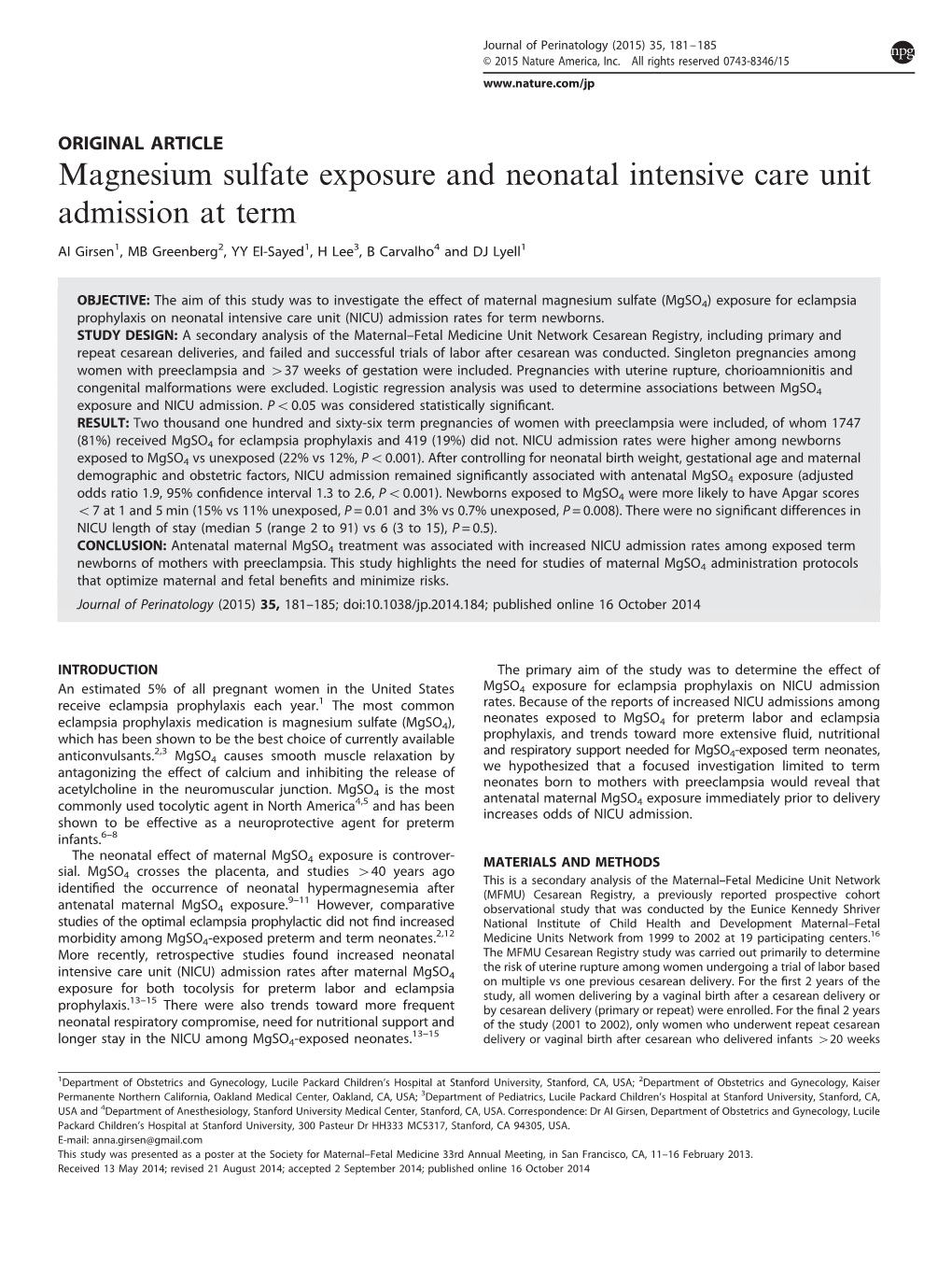 Magnesium Sulfate Exposure and Neonatal Intensive Care Unit Admission at Term