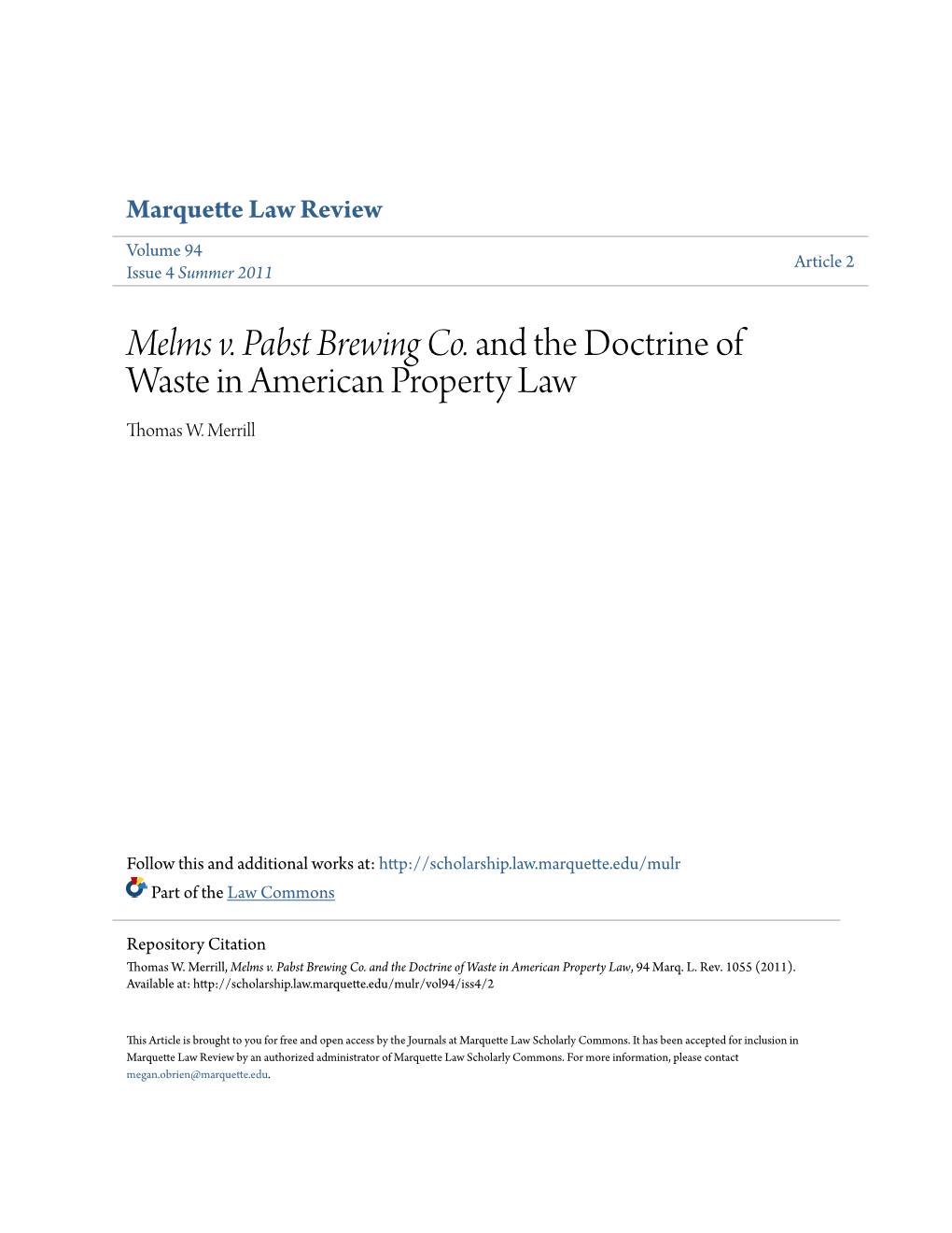 Melms V. Pabst Brewing Co. and the Doctrine of Waste in American Property Law Thomas W