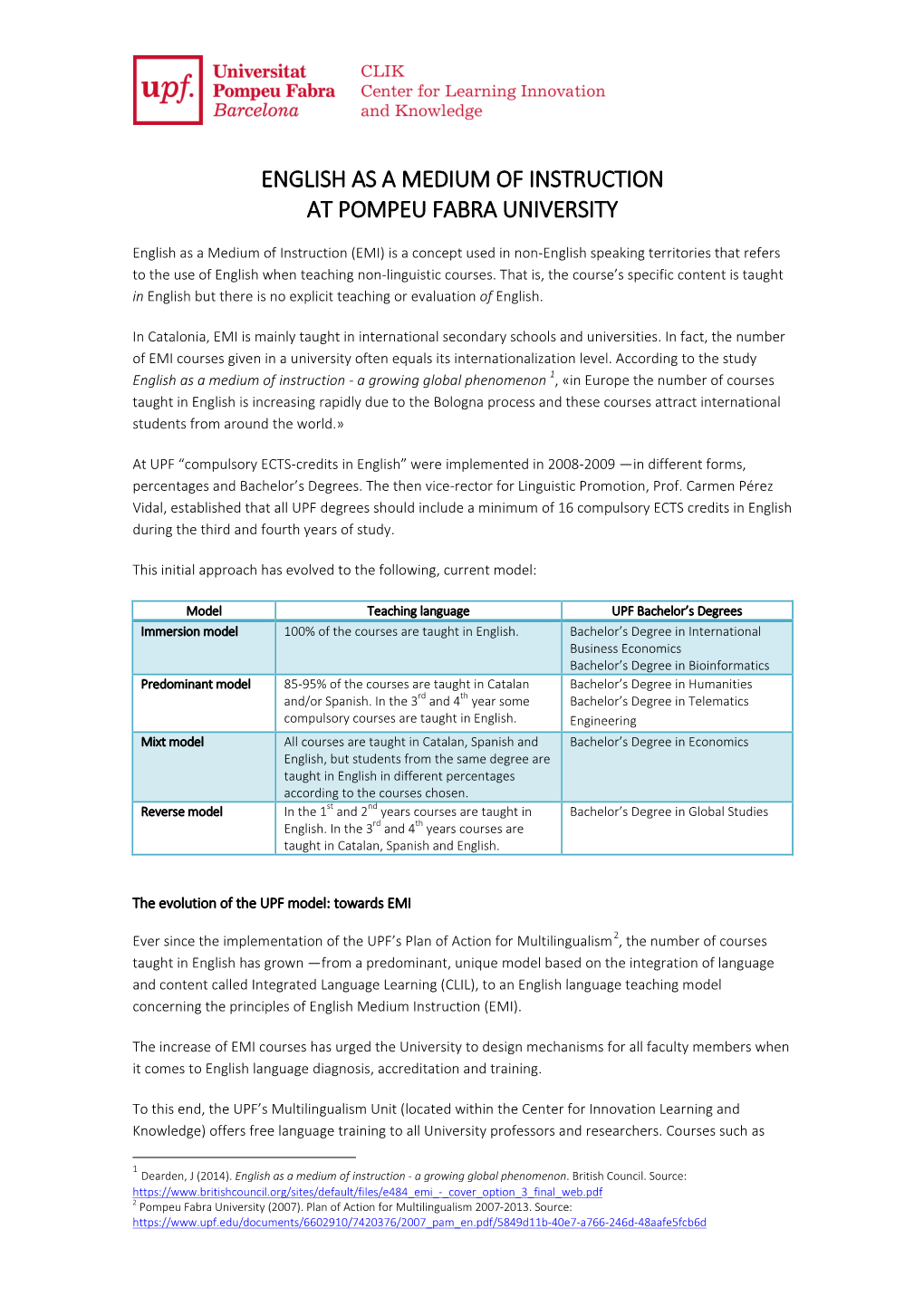 English As a Medium of Instruction at Pompeu Fabra University