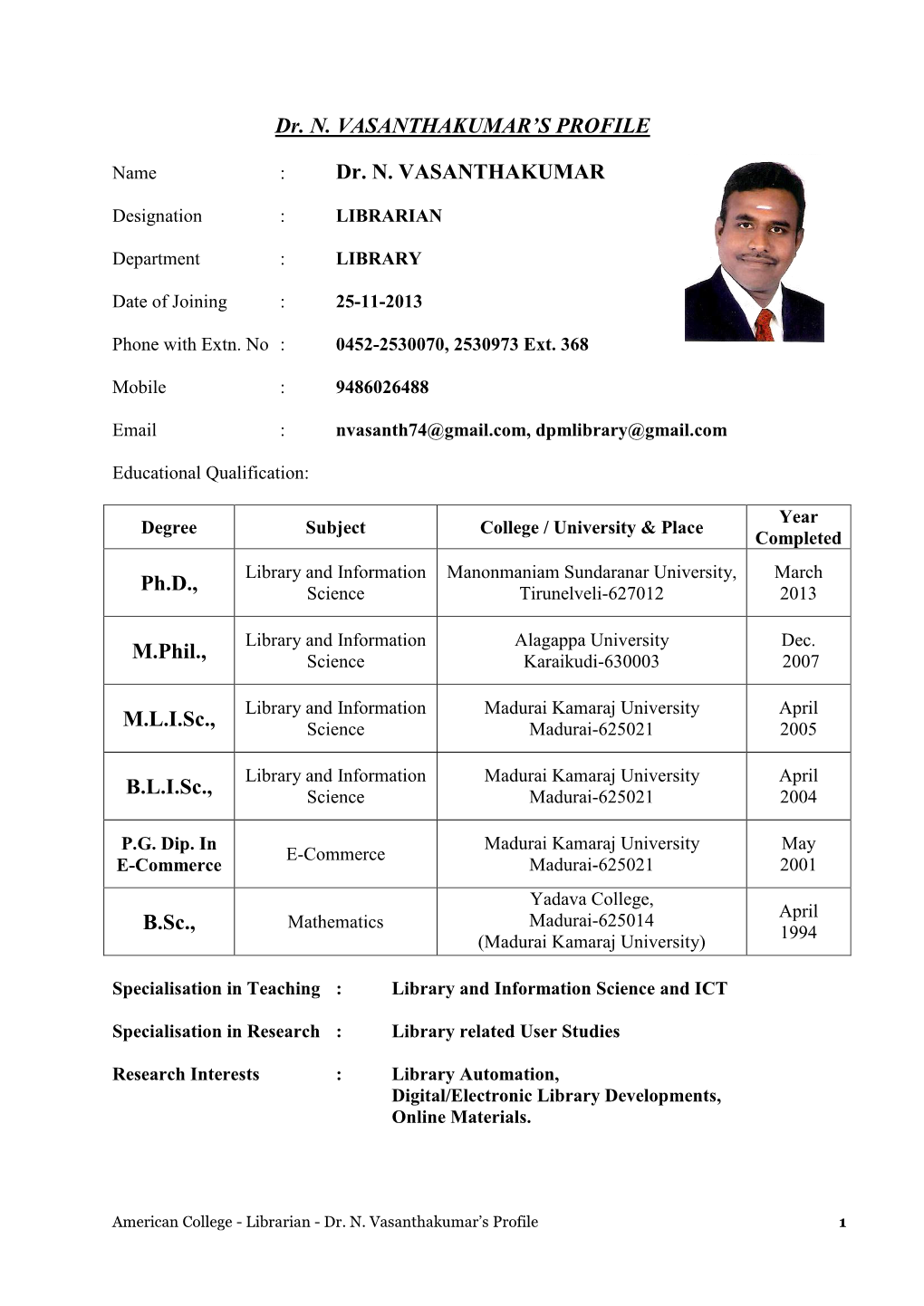 Dr. N. VASANTHAKUMAR's PROFILE
