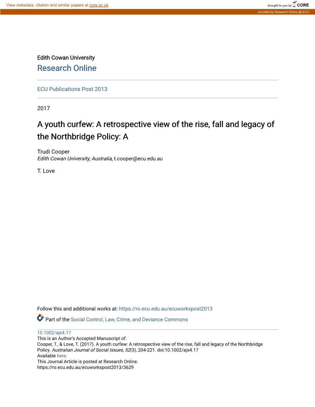 A Youth Curfew: a Retrospective View of the Rise, Fall and Legacy of the Northbridge Policy: A