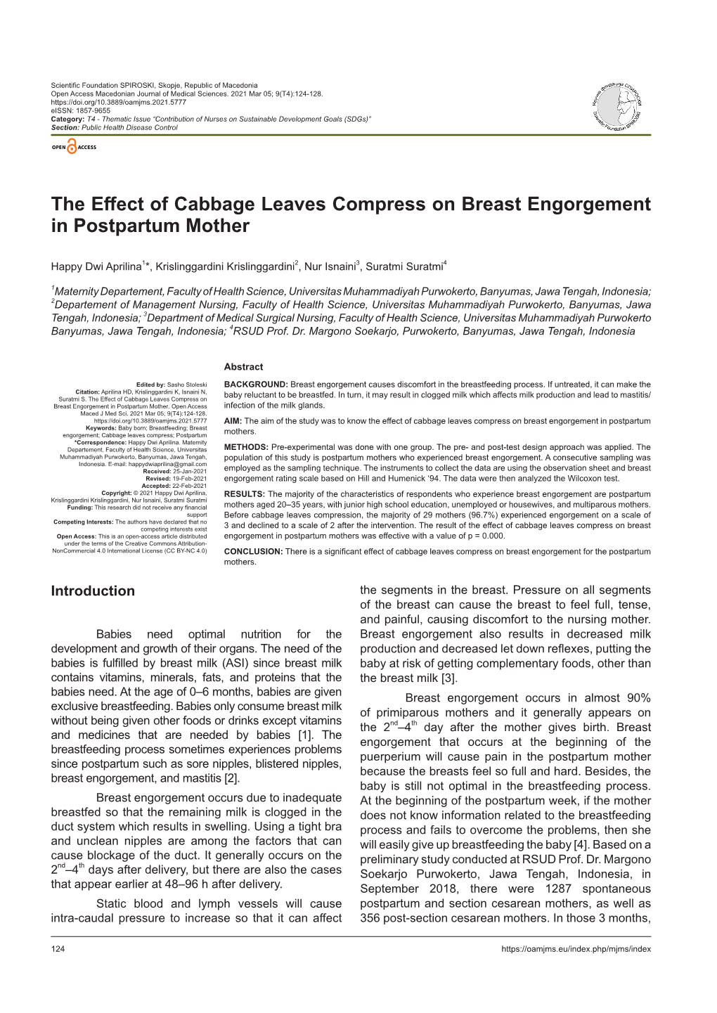 The Effect of Cabbage Leaves Compress on Breast Engorgement in Postpartum Mother
