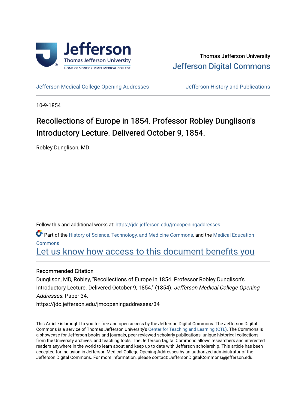 Recollections of Europe in 1854. Professor Robley Dunglison's Introductory Lecture. Delivered October 9, 1854