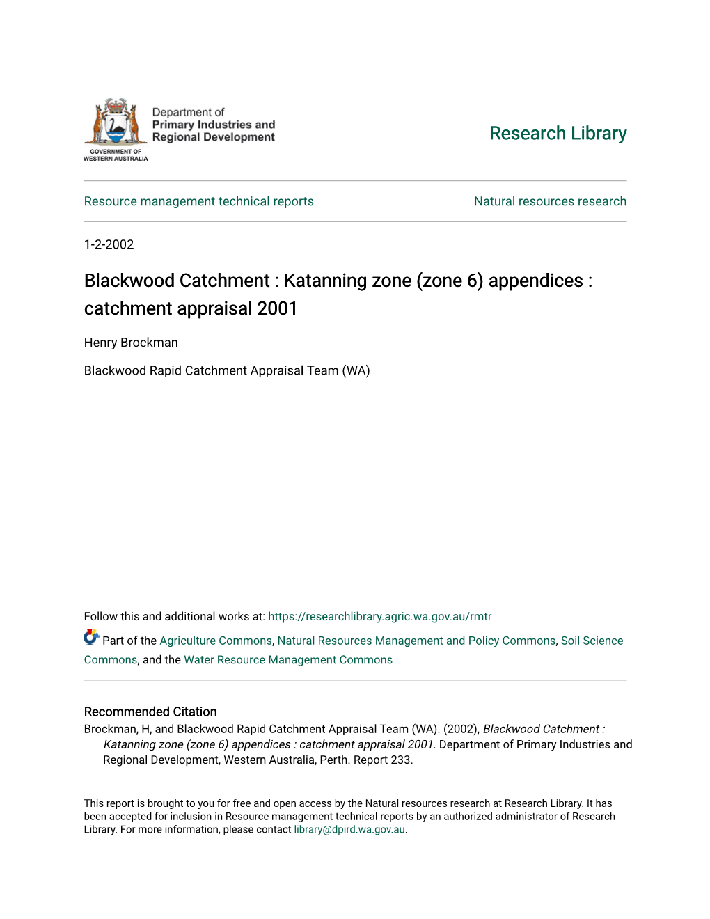 Blackwood Catchment : Katanning Zone (Zone 6) Appendices : Catchment Appraisal 2001