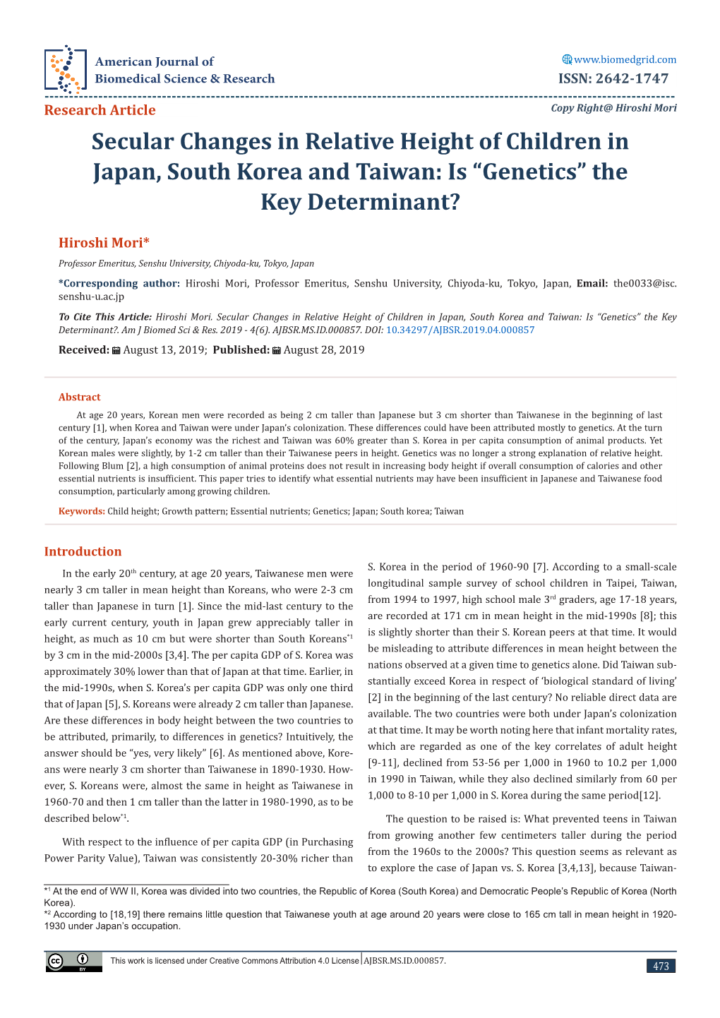 Secular Changes in Relative Height of Children in Japan, South Korea and Taiwan: Is “Genetics” the Key Determinant?