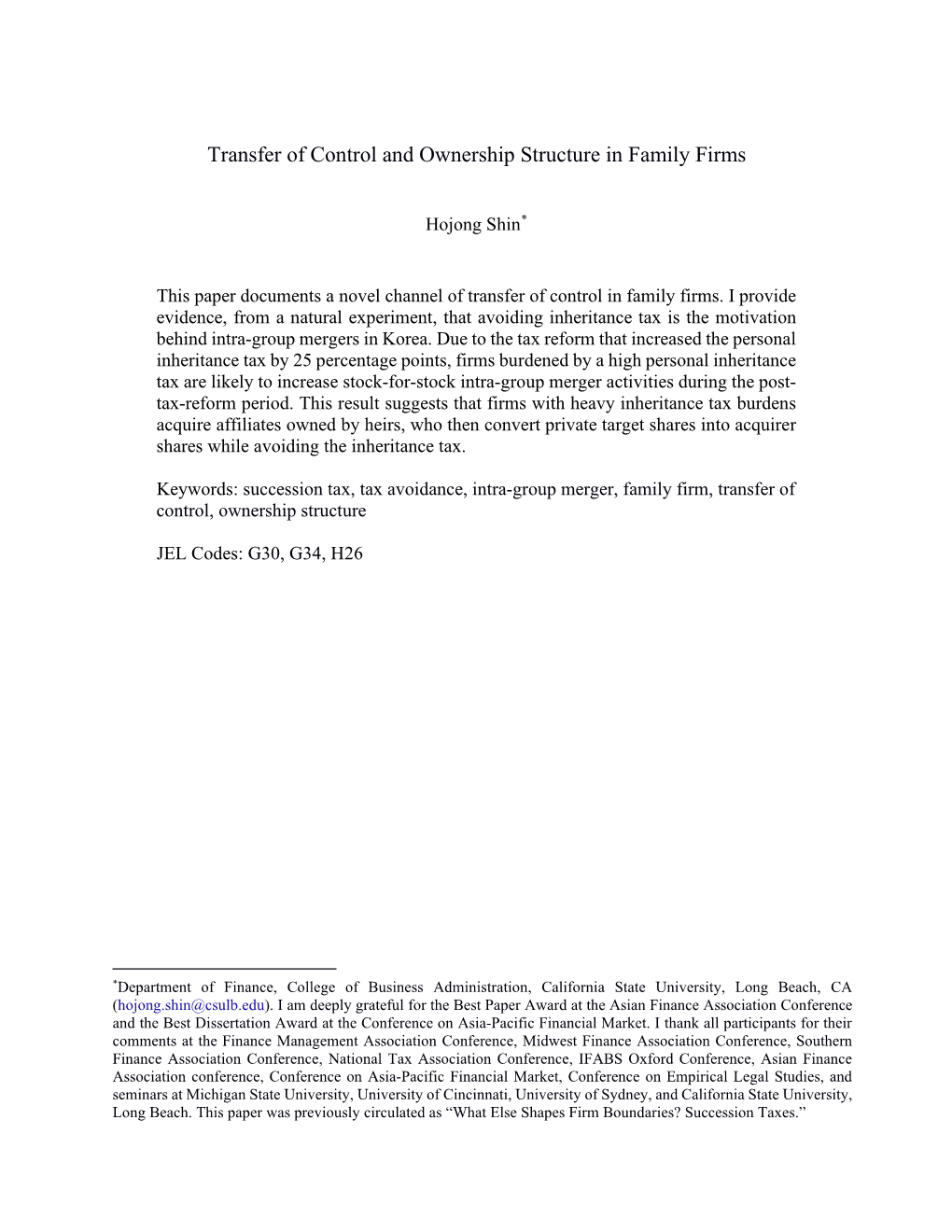 Transfer of Control and Ownership Structure in Family Firms