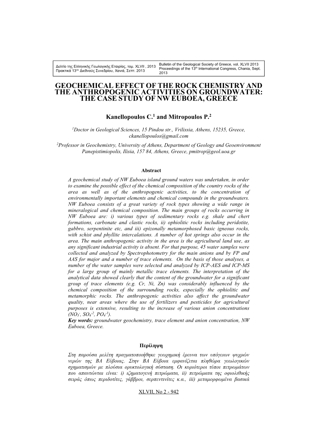 Geochemical Effect of the Rock Chemistry and the Anthropogenic Activities on Groundwater: the Case Study of Nw Euboea, Greece