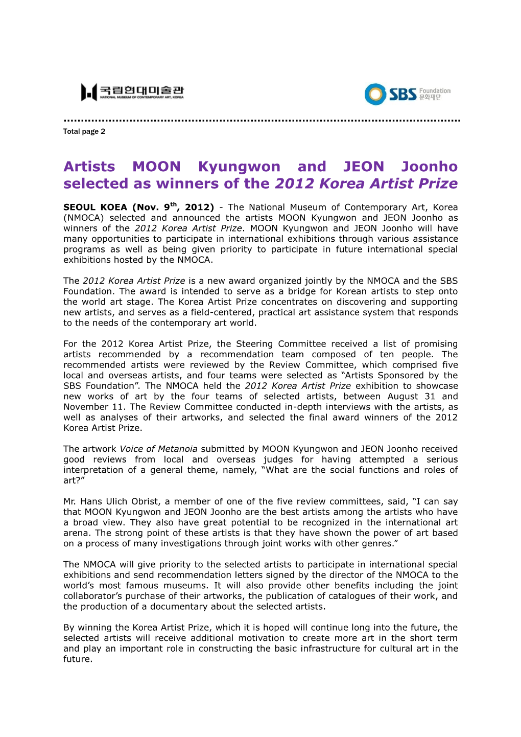 [Press Release] Winners of the 2012 Korea Artist Prize.Pdf