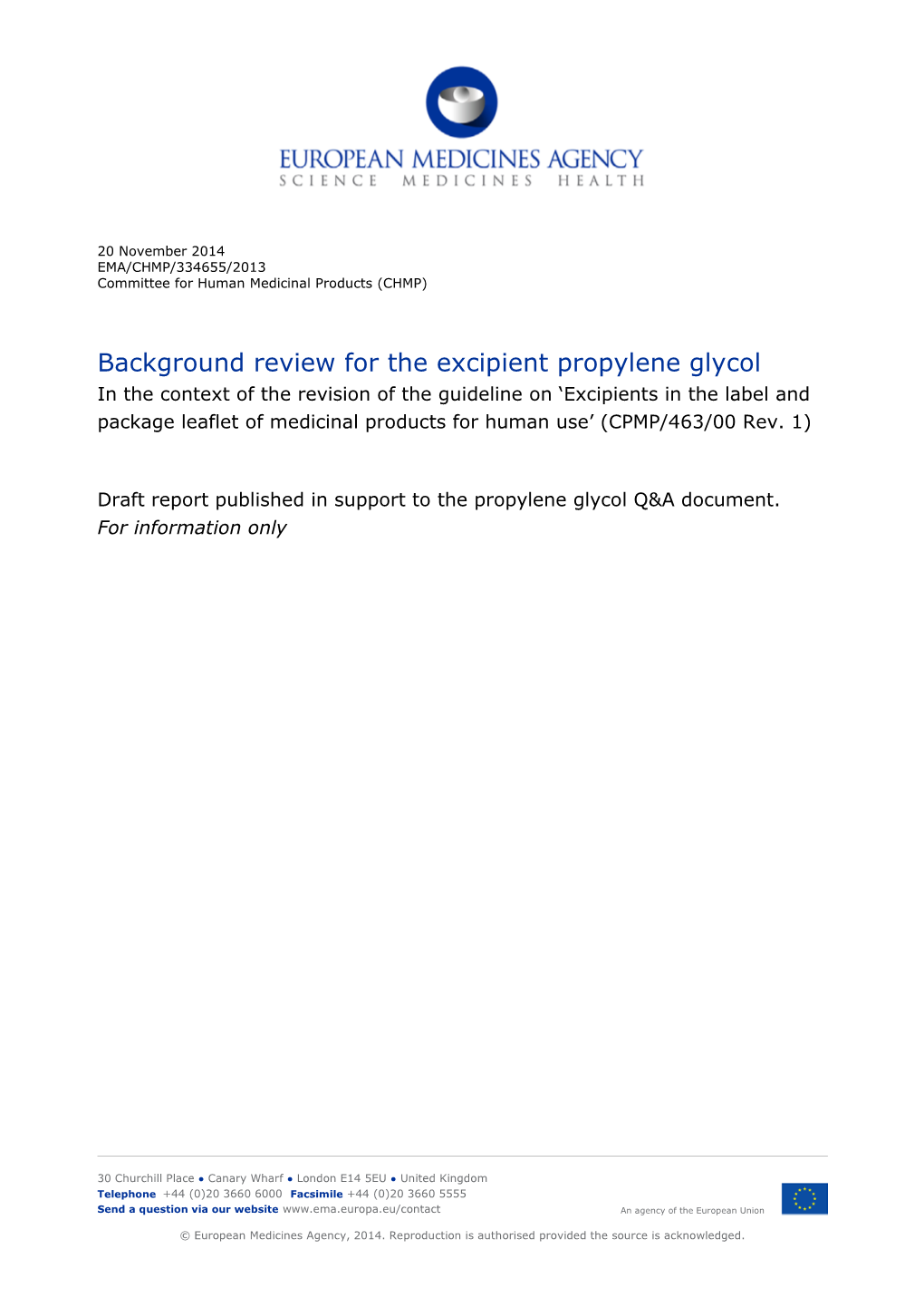 Background Review for the Excipient Propylene Glycol