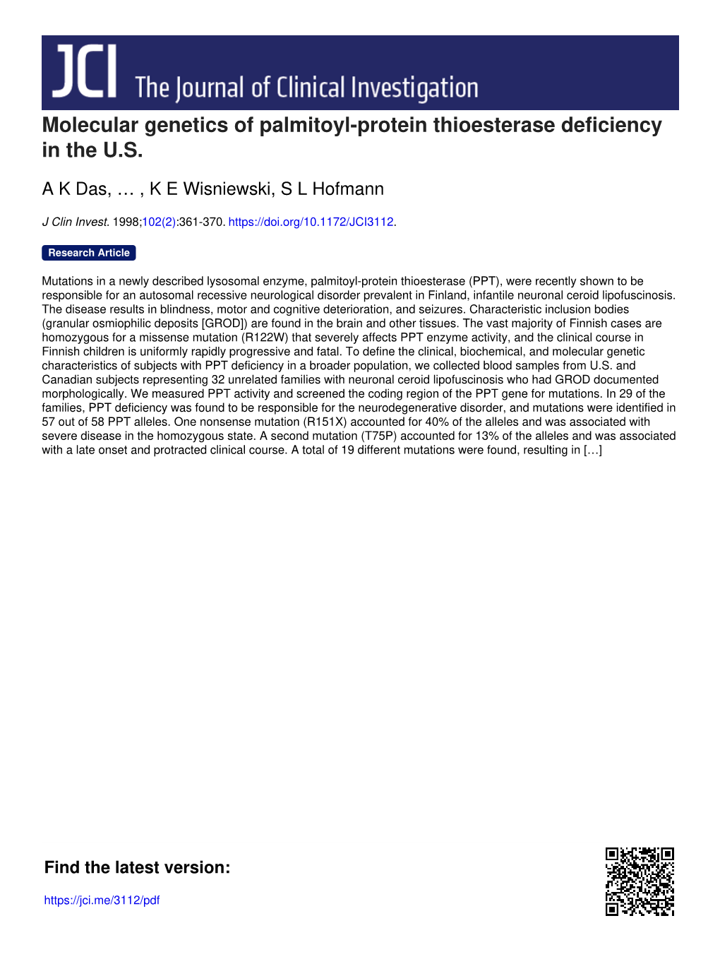 Molecular Genetics of Palmitoyl-Protein Thioesterase Deficiency in the U.S