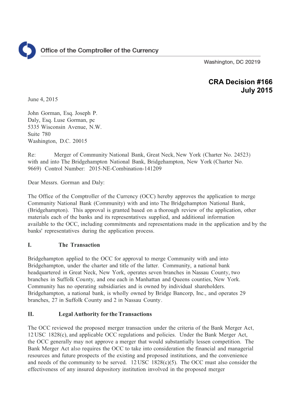 CRA Decision #166 July 2015 June 4, 2015