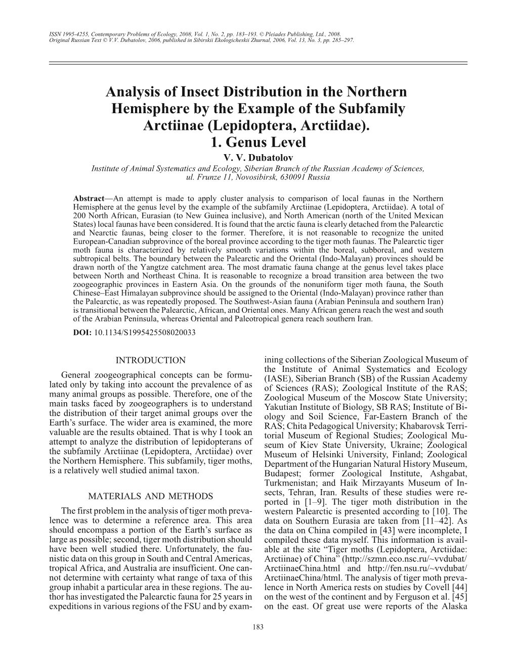 Analysis of Insect Distribution in the Northern Hemisphere by the Example of the Subfamily Arctiinae (Lepidoptera, Arctiidae)