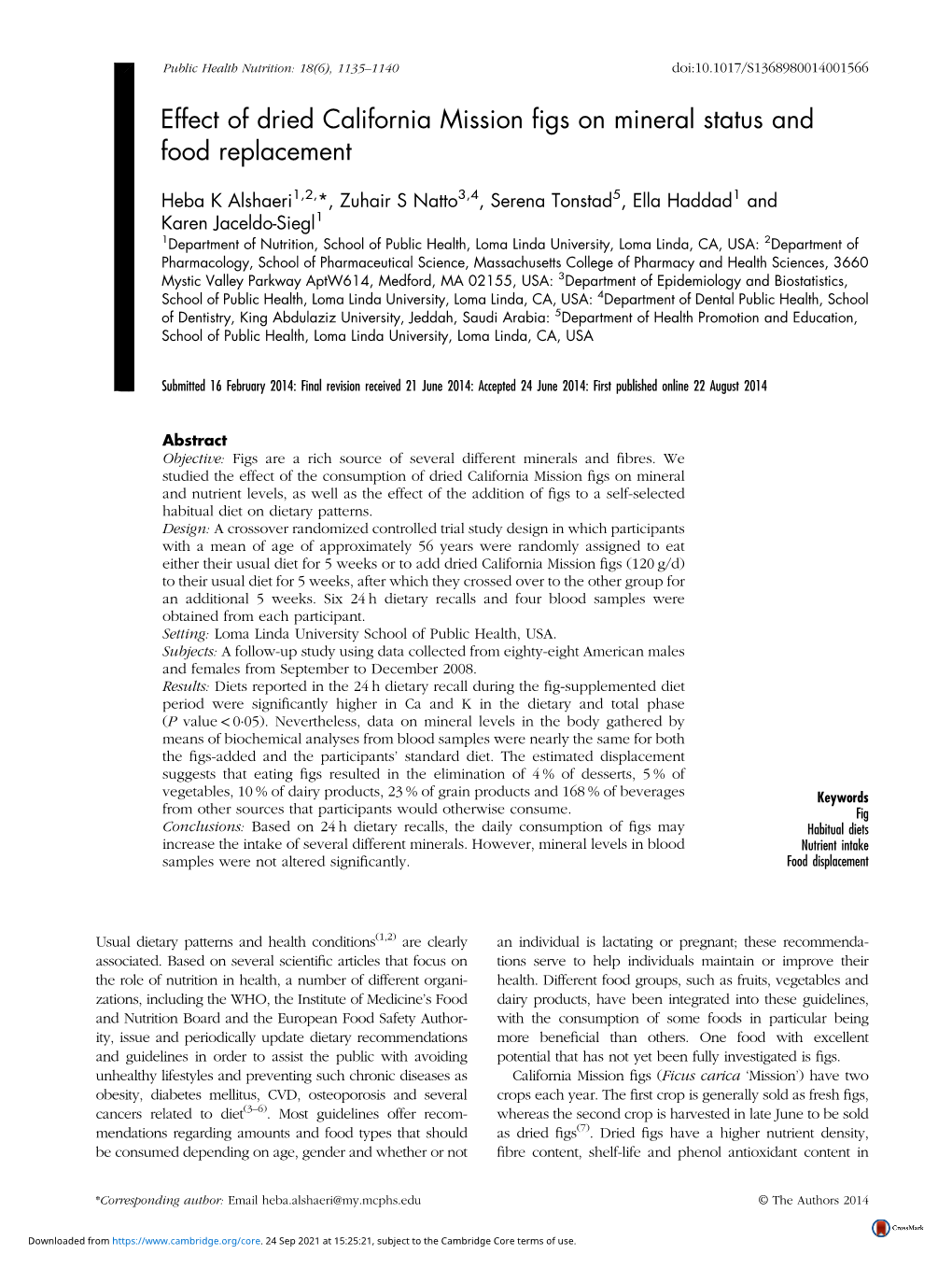 Effect of Dried California Mission Figs on Mineral Status and Food