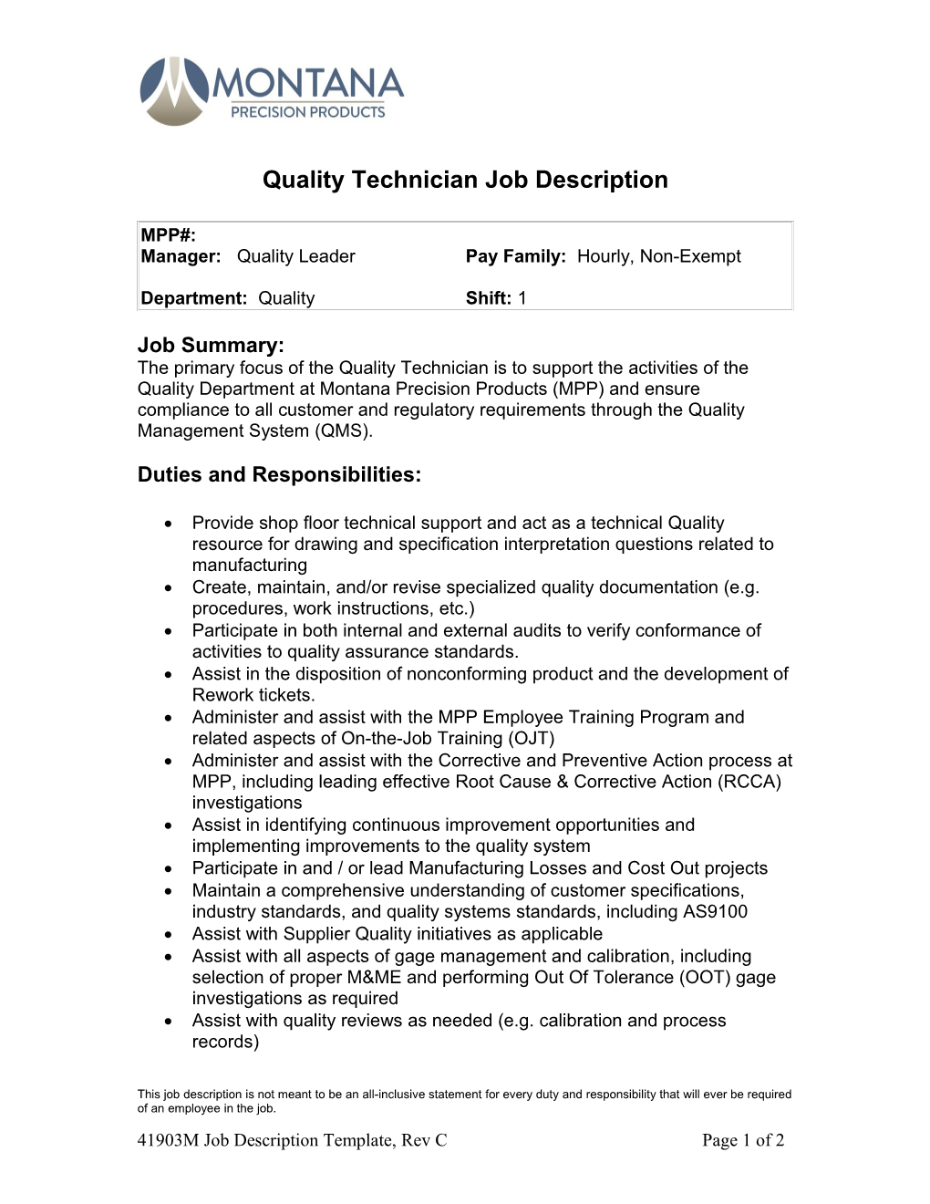 Quality Technician Job Description