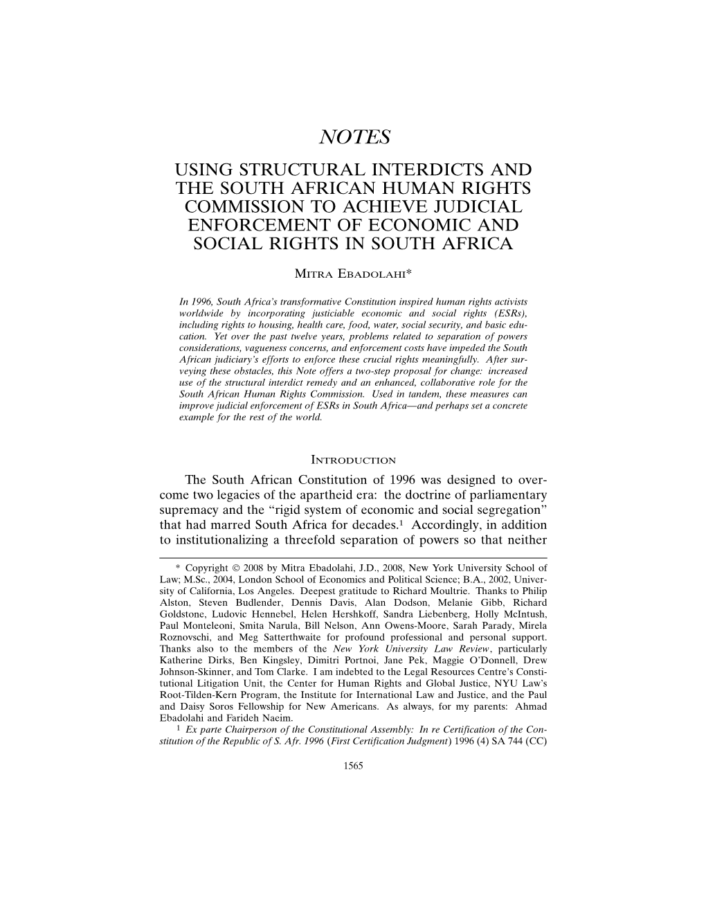 Using Structural Interdicts and the South African Human Rights Commission to Achieve Judicial Enforcement of Economic and Social Rights in South Africa