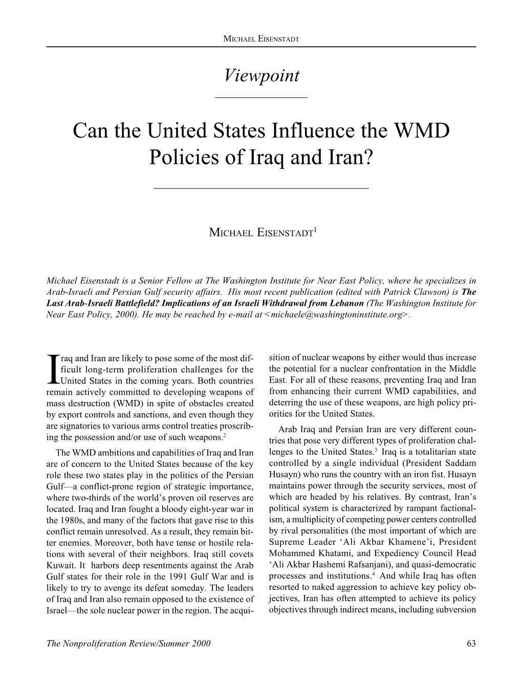 Can the United States Influence the WMD Policies of Iraq and Iran?