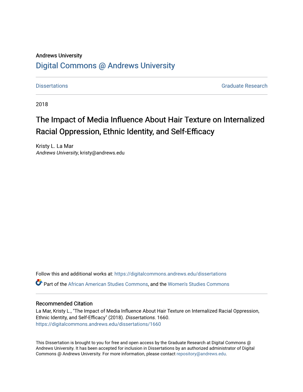 The Impact of Media Influence About Hair Texture on Internalized Racial Oppression, Ethnic Identity, and Self-Efficacy