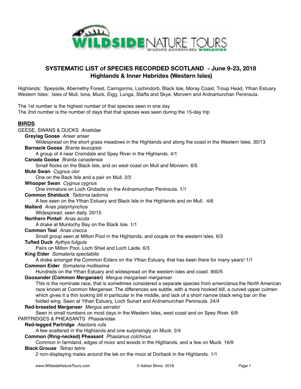 2018 Species Recorded SCOTLAND