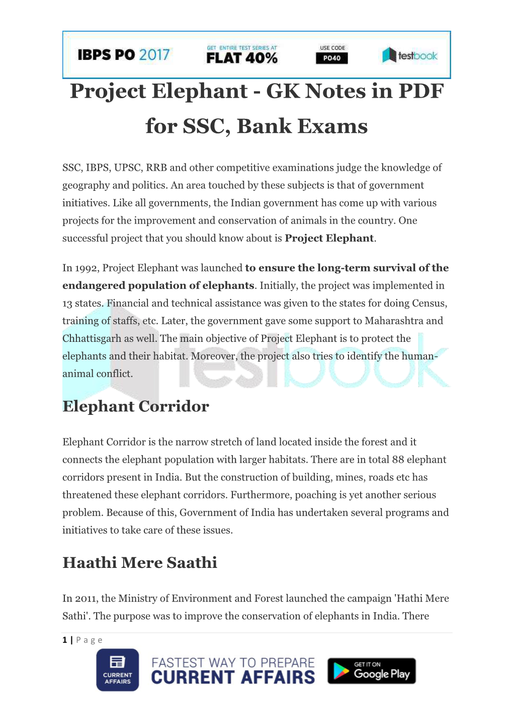 Project Elephant - GK Notes in PDF for SSC, Bank Exams