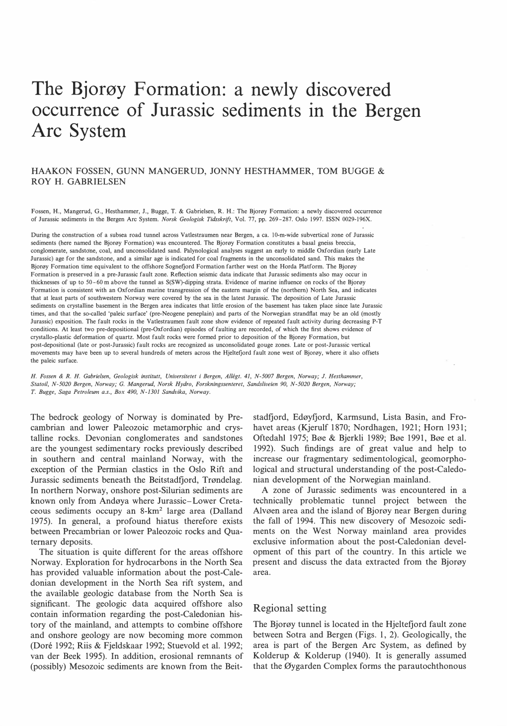 The Bjorøy Formation: a Newly Discovered Occurrence of Jurassic Sediments in the Bergen Are System