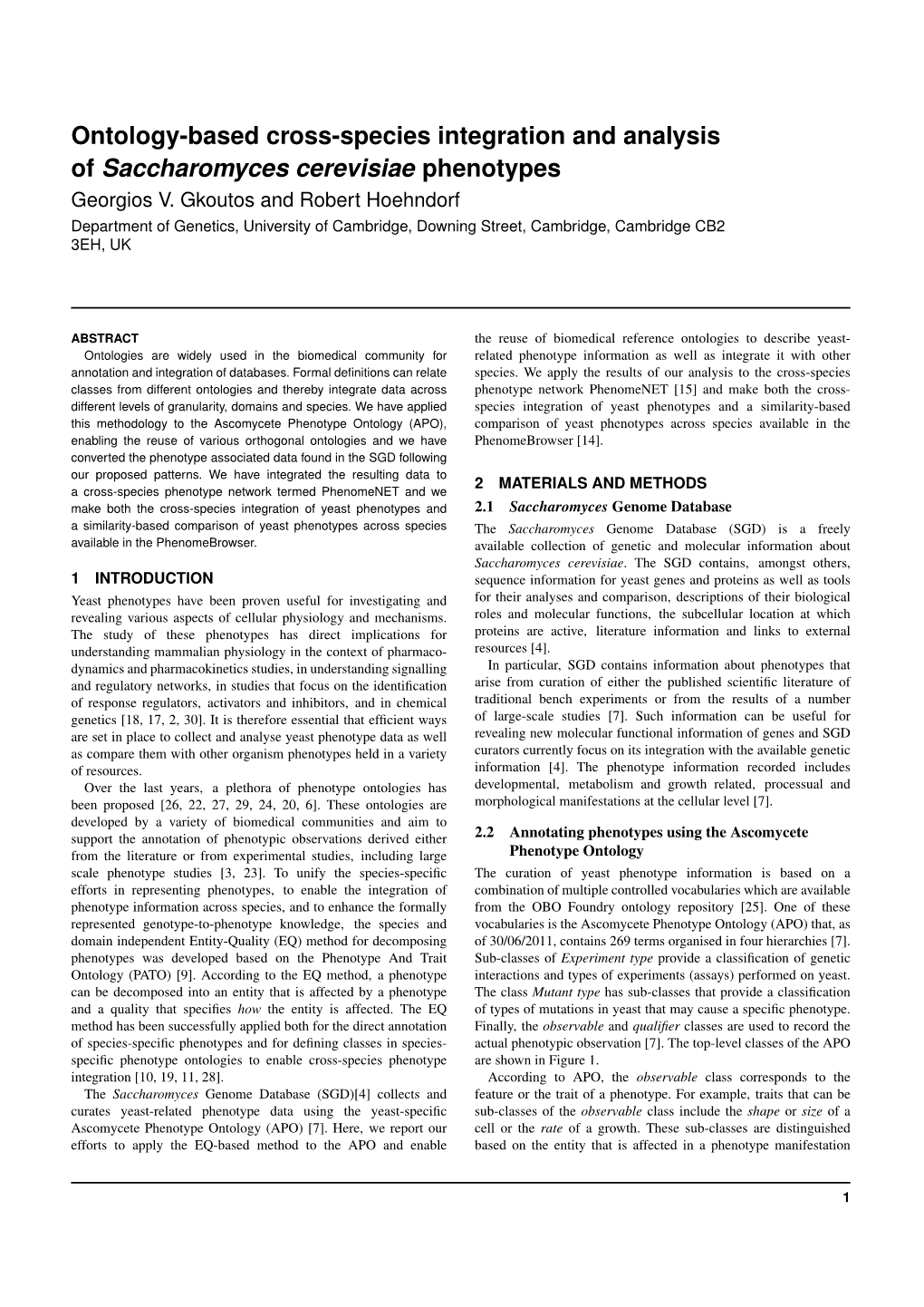 Ontology-Based Cross-Species Integration and Analysis of Saccharomyces Cerevisiae Phenotypes Georgios V