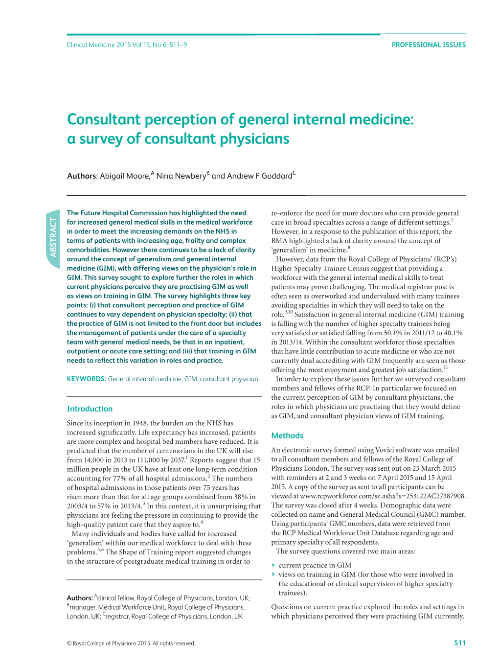 Consultant Perception of General Internal Medicine: a Survey of Consultant Physicians