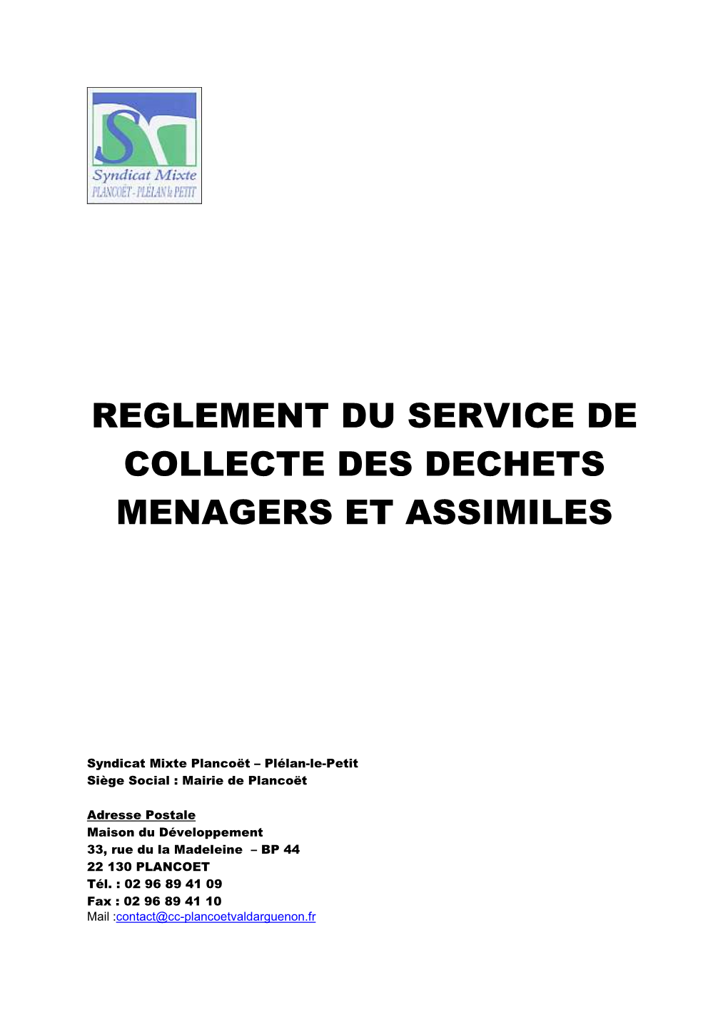 Reglement Du Service De Collecte Des Dechets Menagers Et Assimiles