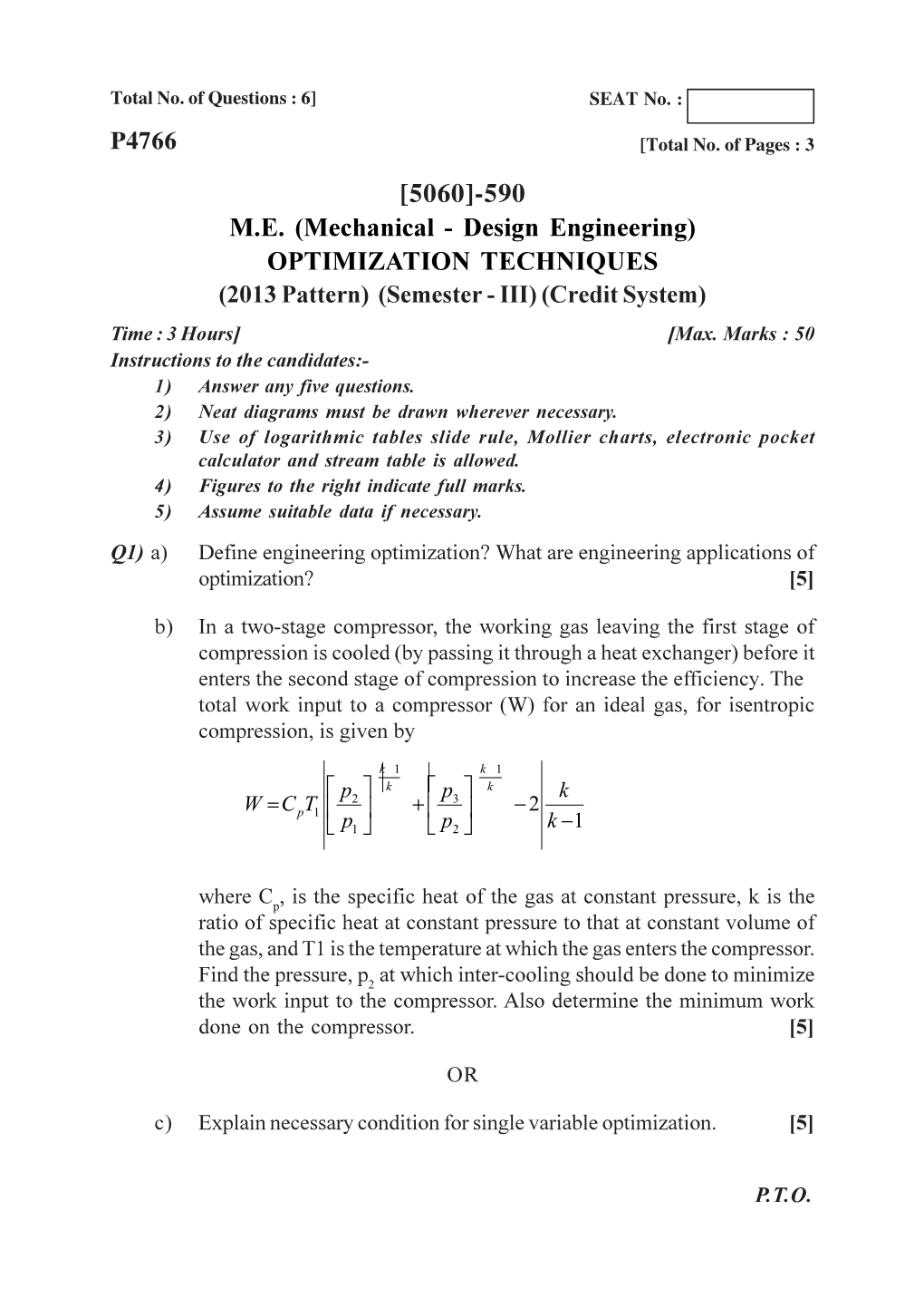 (Mechanical - Design Engineering) OPTIMIZATION TECHNIQUES (2013 Pattern) (Semester - III) (Credit System) Time : 3 Hours] [Max