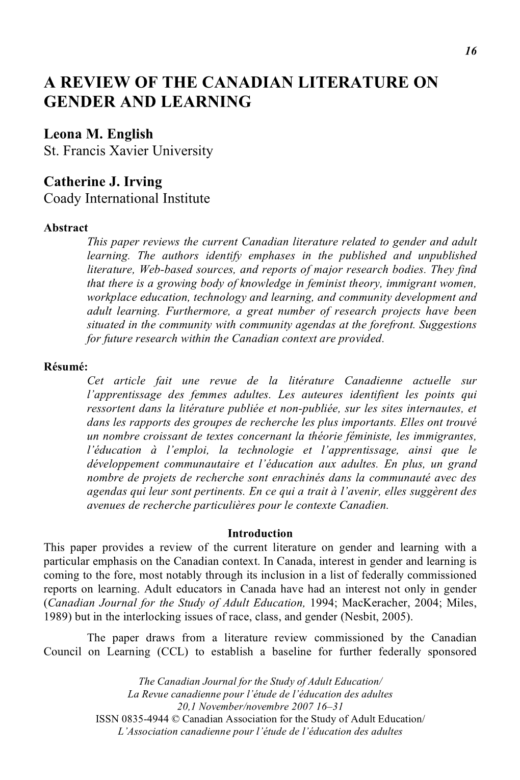 A Review of the Canadian Literature on Gender and Learning