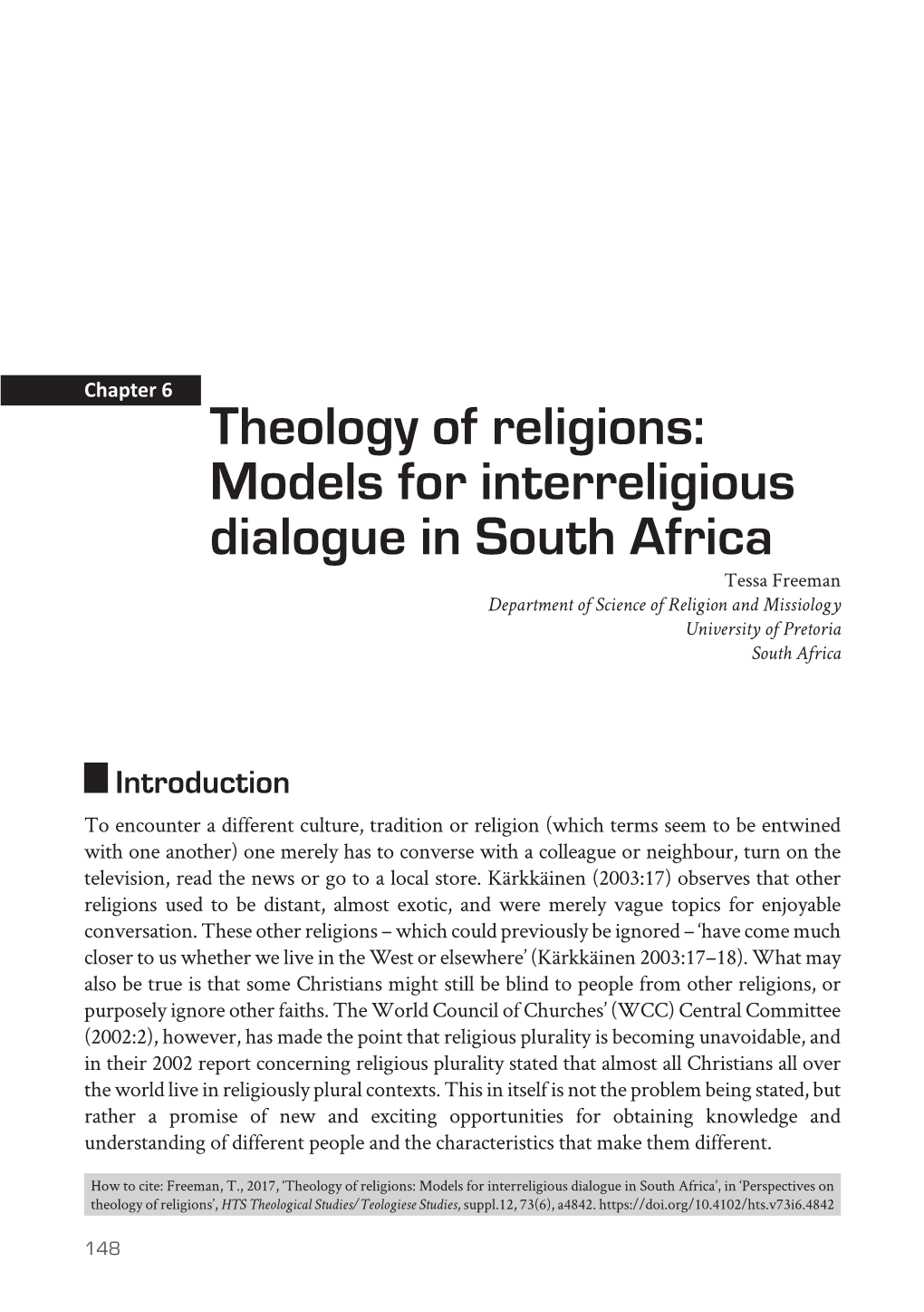 Theology of Religions: Models for Interreligious Dialogue in South Africa
