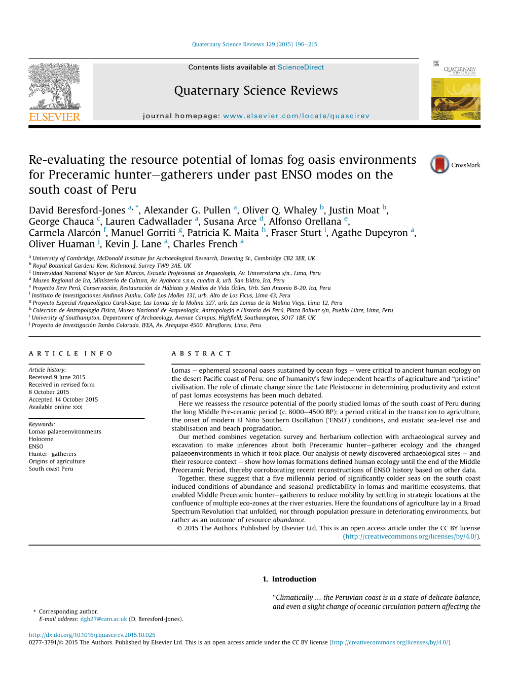 Re-Evaluating the Resource Potential of Lomas Fog Oasis Environments for Preceramic Hunteregatherers Under Past ENSO Modes on the South Coast of Peru