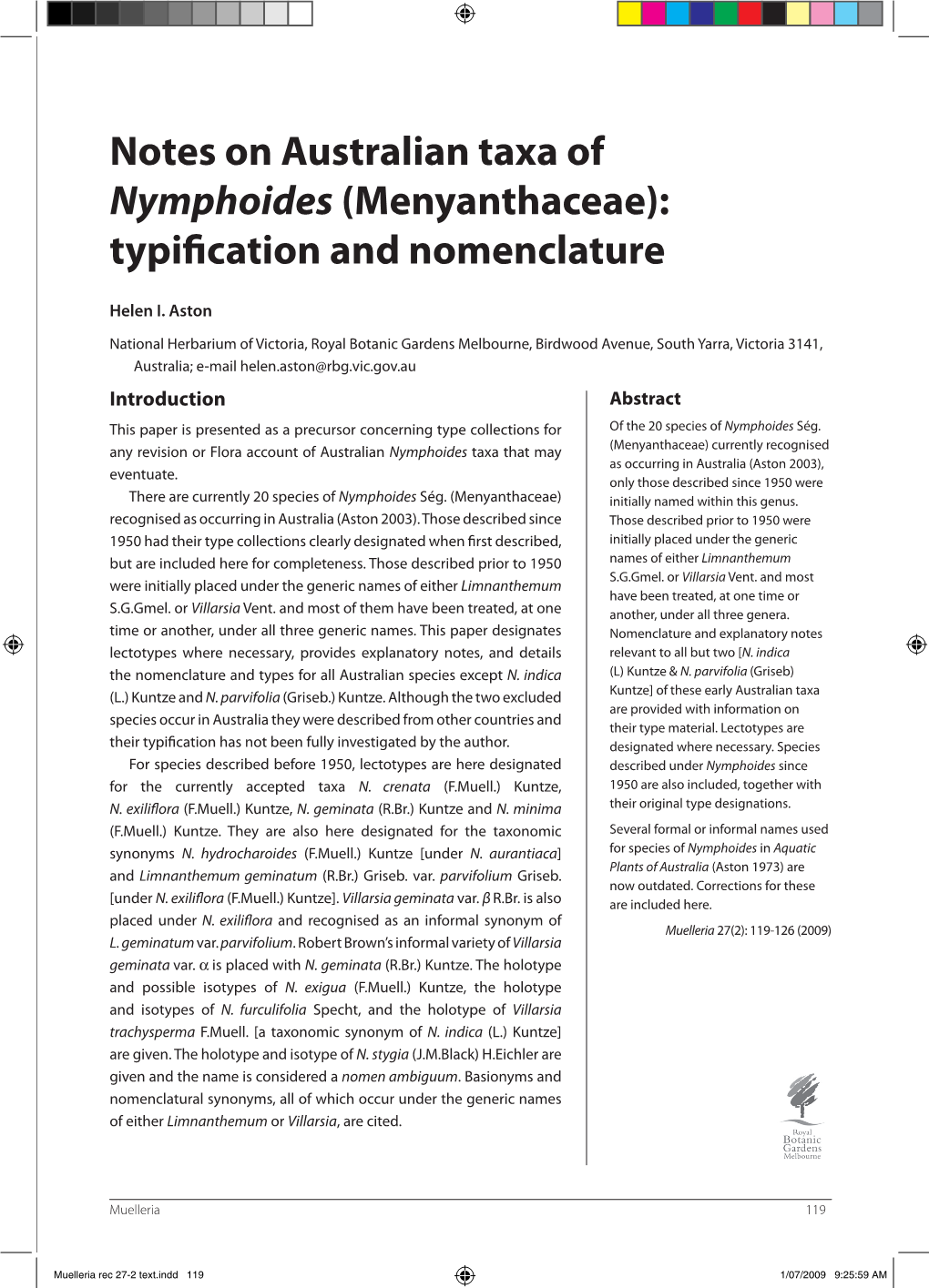 Notes on Australian Taxa of Nymphoides (Menyanthaceae): Typification and Nomenclature
