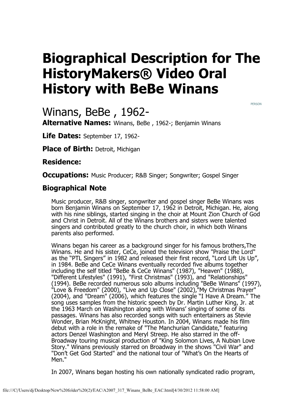 Biographical Description for the Historymakers® Video Oral History with Bebe Winans