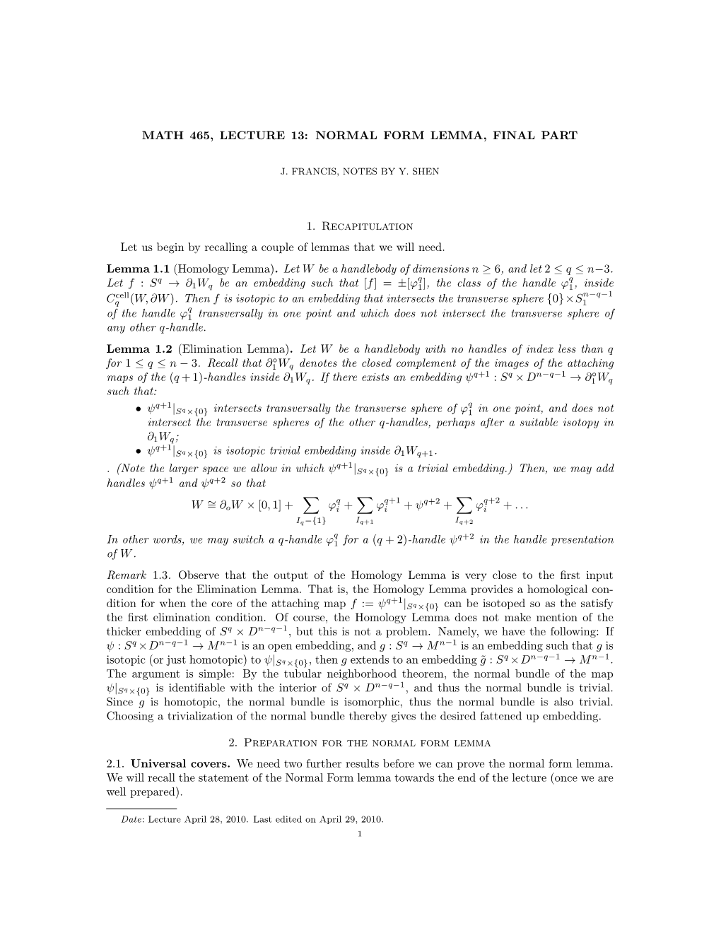 Math 465, Lecture 13: Normal Form Lemma, Final Part