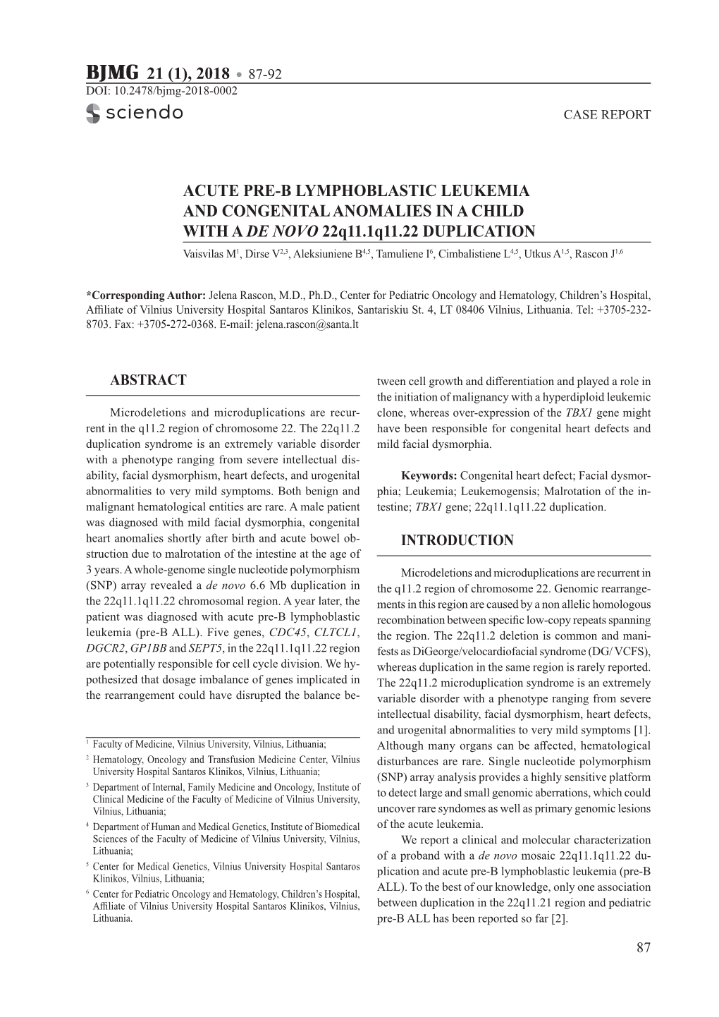 21 (1), 2018 87-92 Acute Pre-B Lymphoblastic Leukemia And