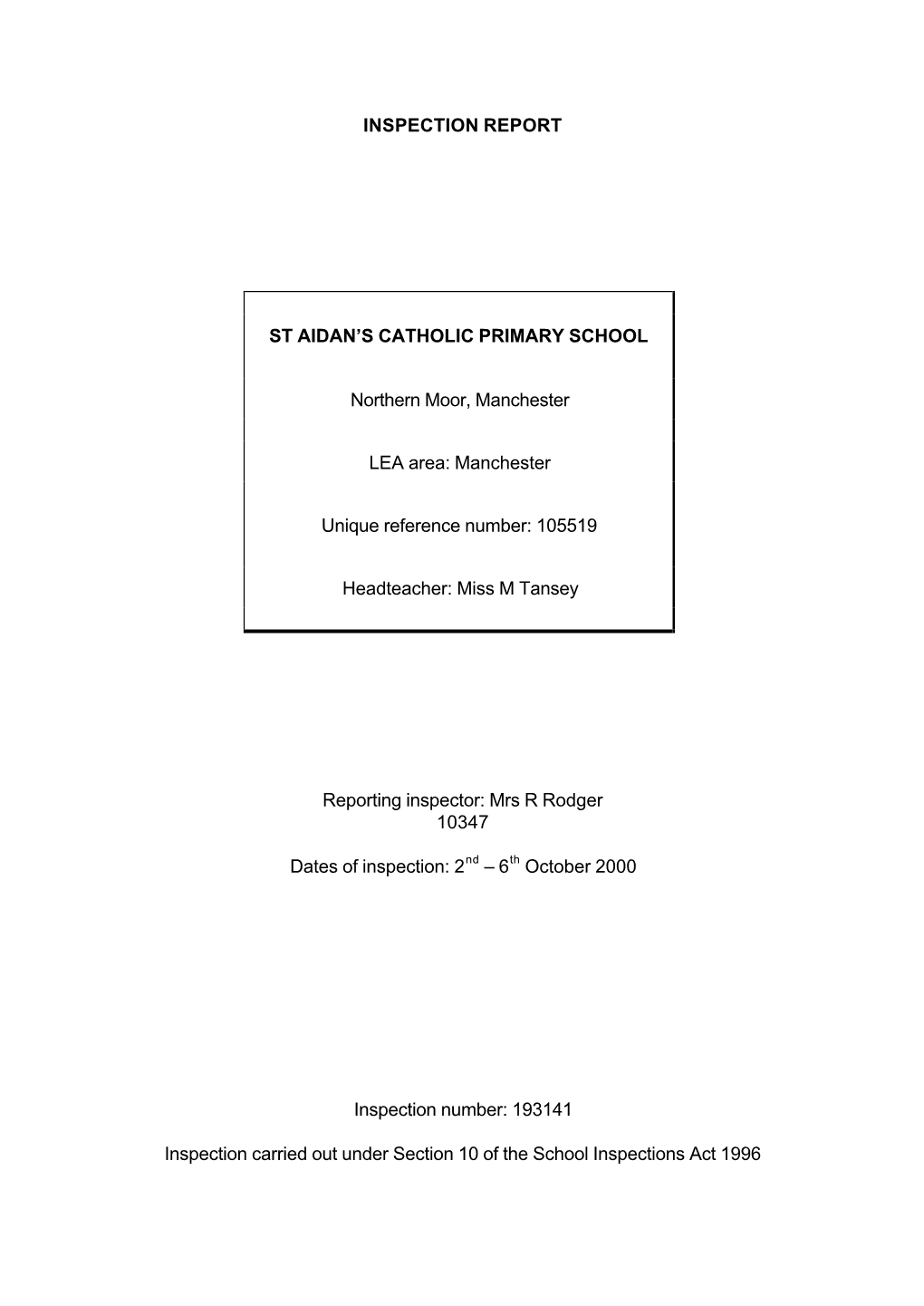 Inspection Report St Aidan's Catholic Primary School