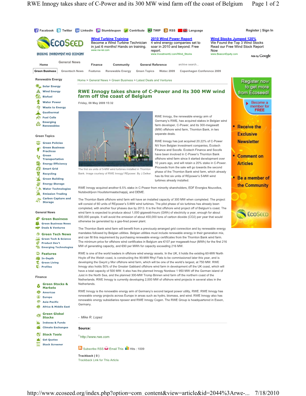 Page 1 of 2 RWE Innogy Takes Share of C-Power and Its 300 MW Wind