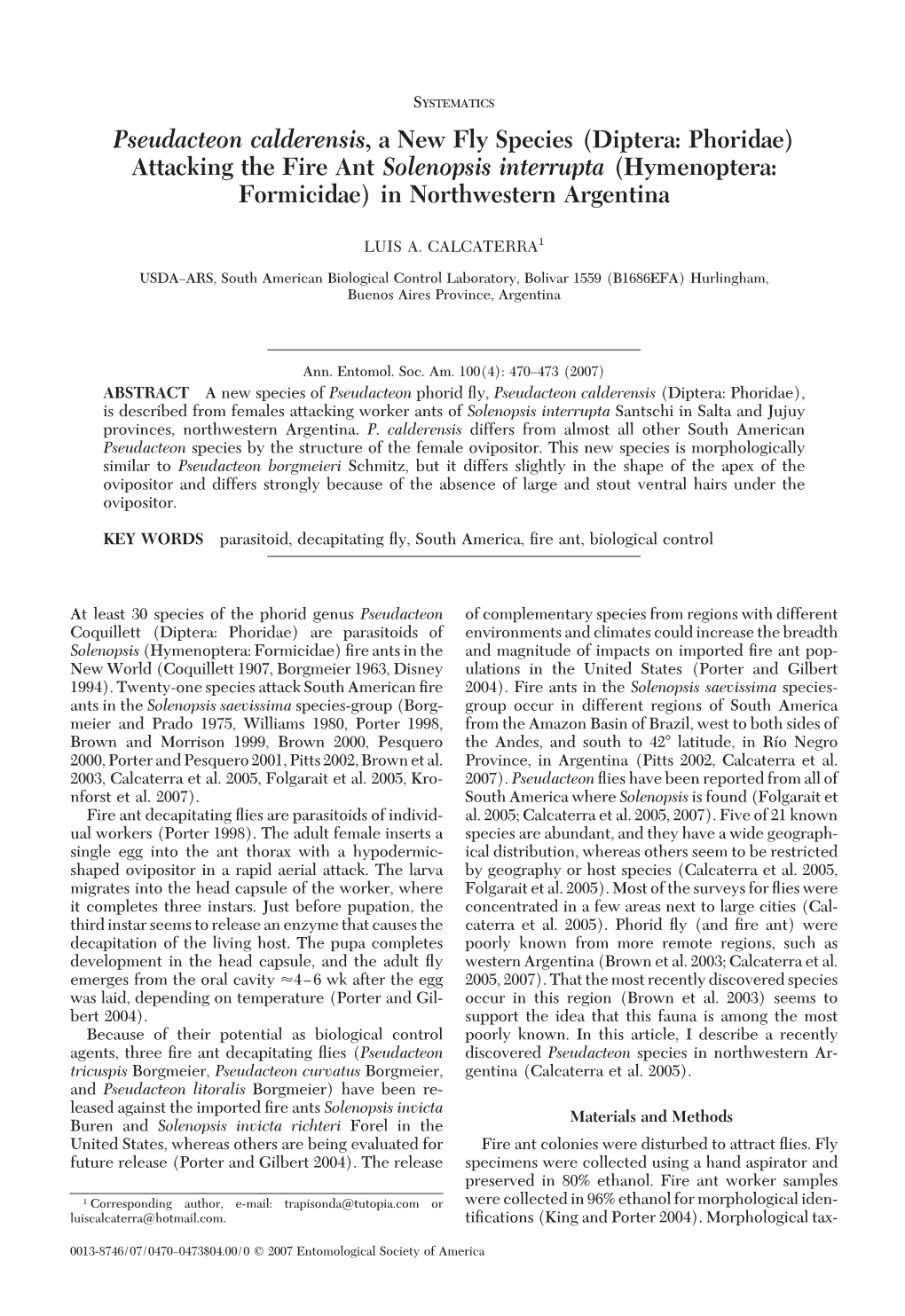 (Diptera: Phoridae) Attacking the Fire Ant Solenopsis Interrupta (Hymenoptera: Formicidae) in Northwestern Argentina