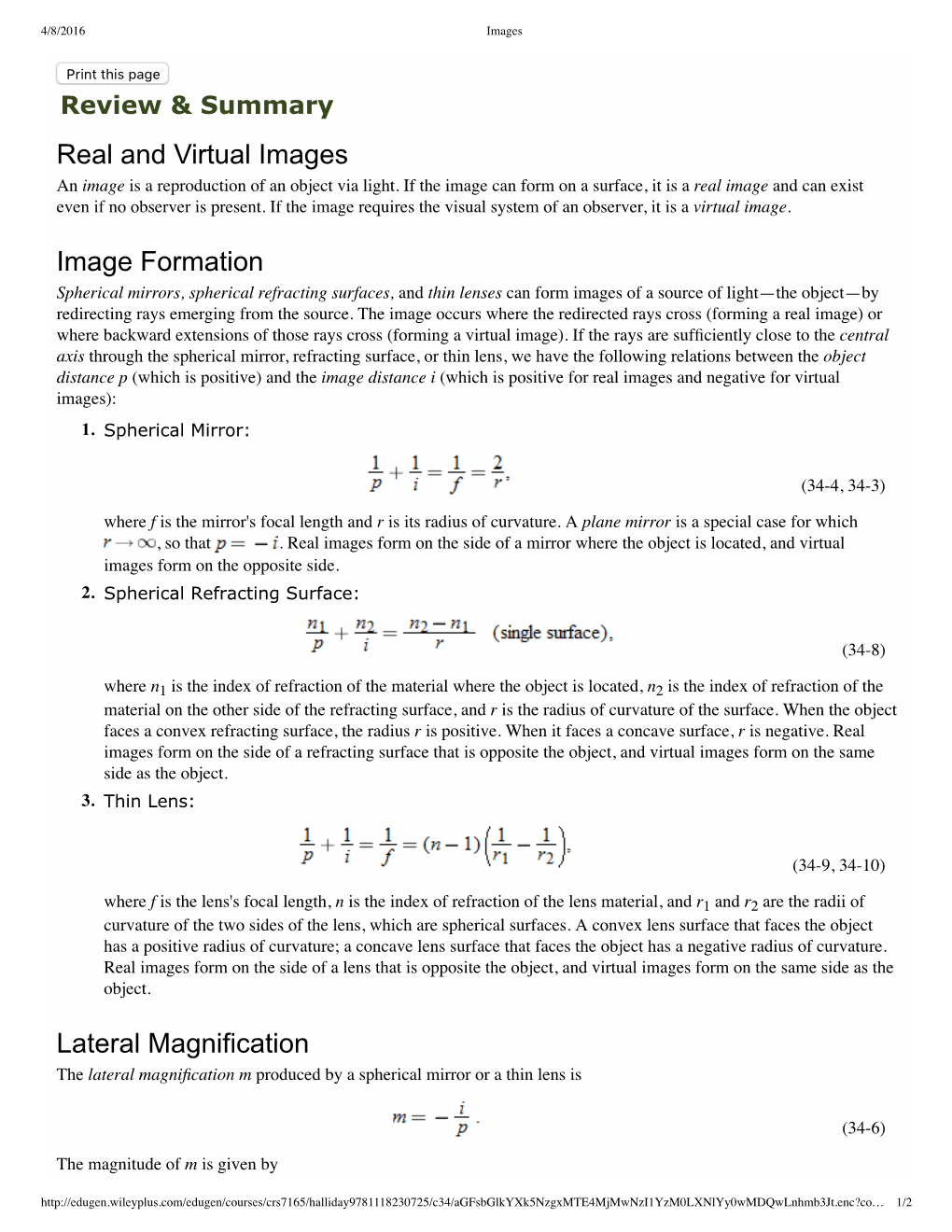 Real and Virtual Images Image Formation Lateral Magnification