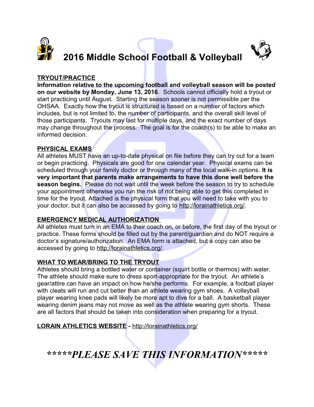 Information for Fall Sports / Volleyball Football