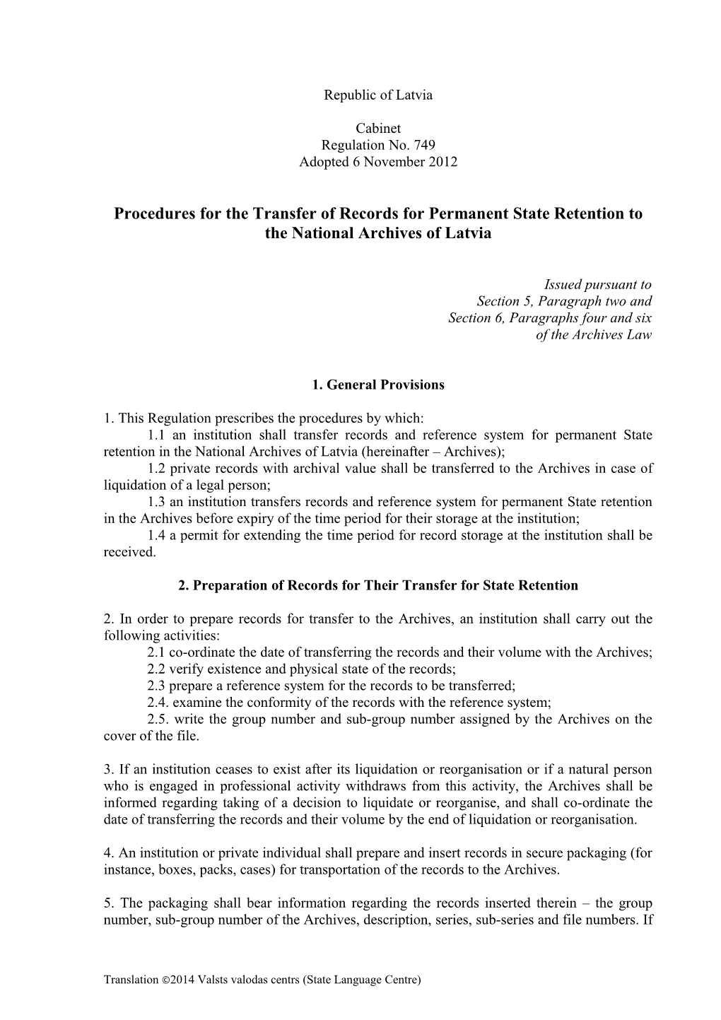 Procedures for the Transfer of Records for Permanent State Retention to the National Archives