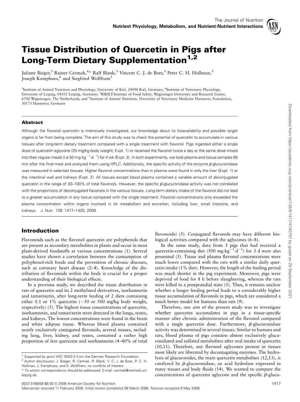 Tissue Distribution of Quercetin in Pigs After Long-Term Dietary Supplementation1,2